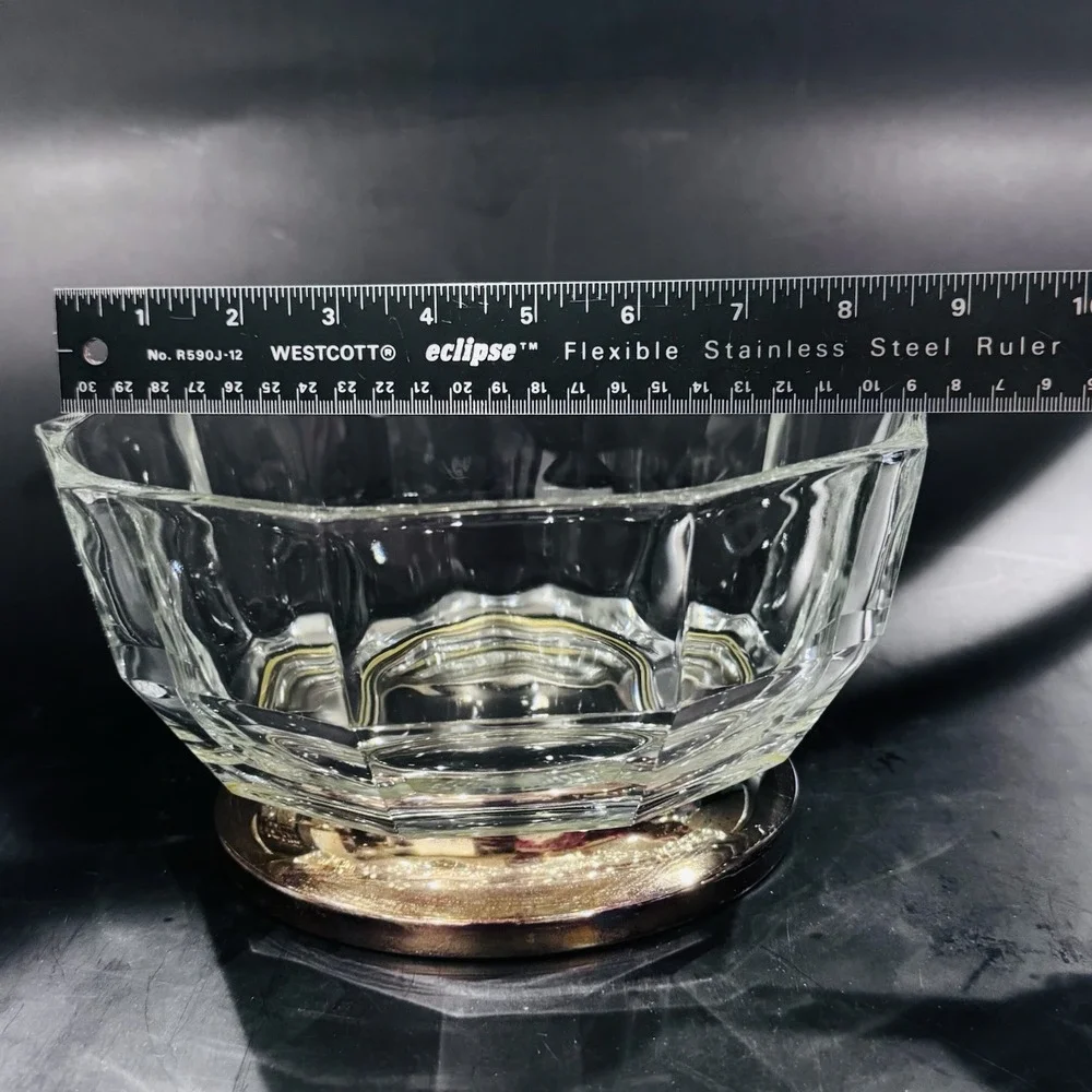 Vintage MCM Faceted Thick Italian Glass Centerpiece Bowl w Brass‎ Tone Metal Rim